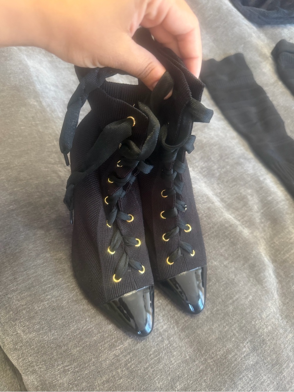 Christian Louboutin Black Lace-Up Pointed Toe Ankle Boots with Gold Eyelets